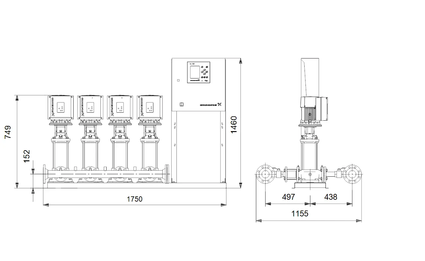 Vertikale Druckerhöhungsanlage mit vier Pumpen von Grundfos, Steuerungseinheit und Anschlussleitungen für Wasserförderung. Technische Maße sind im Diagramm dargestellt.